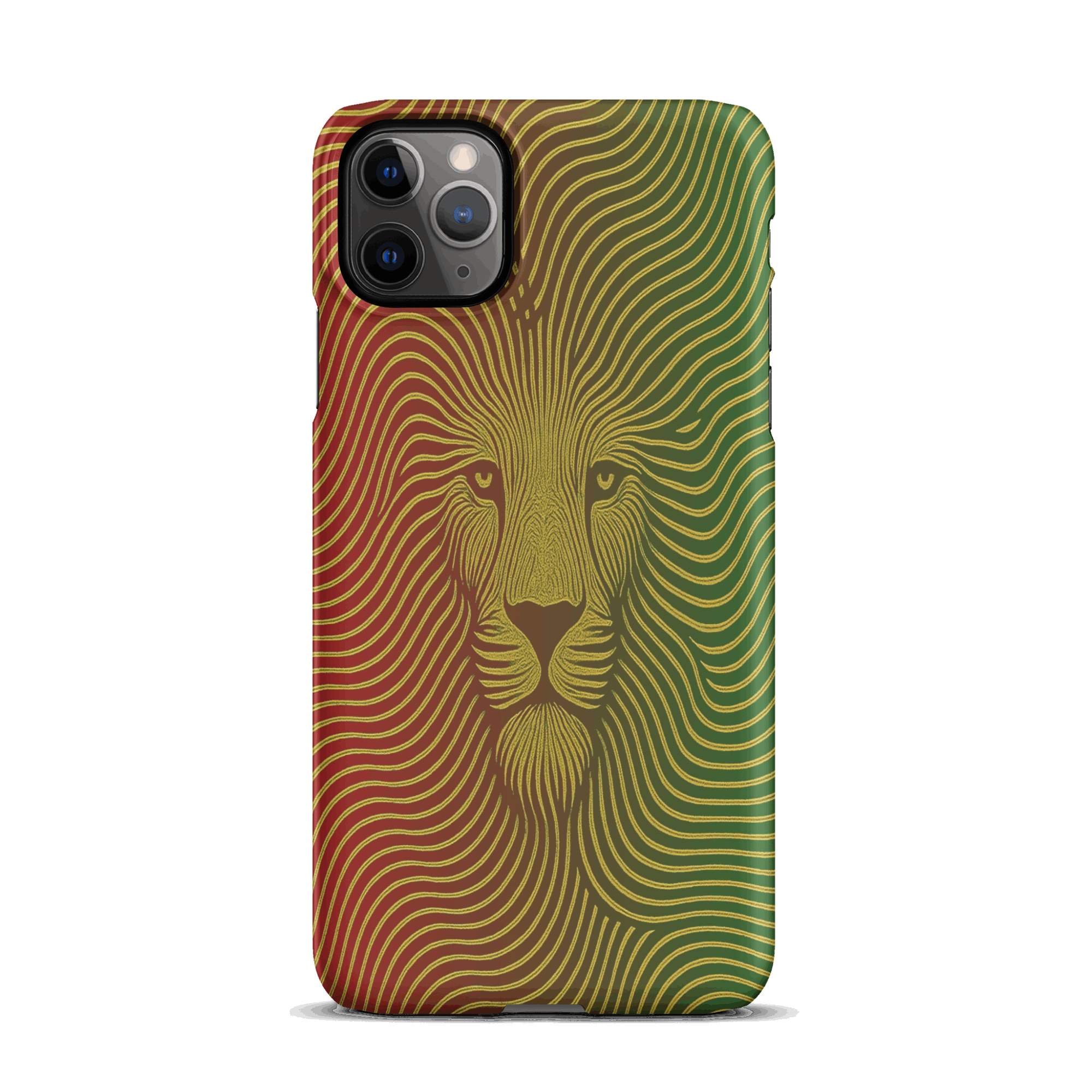 Phone case with a lion design in red, yellow, and green on a white background