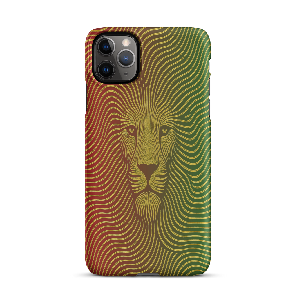Phone case with a lion design in red, yellow, and green on a white background