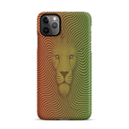 Phone case with a lion design in red, yellow, and green on a white background