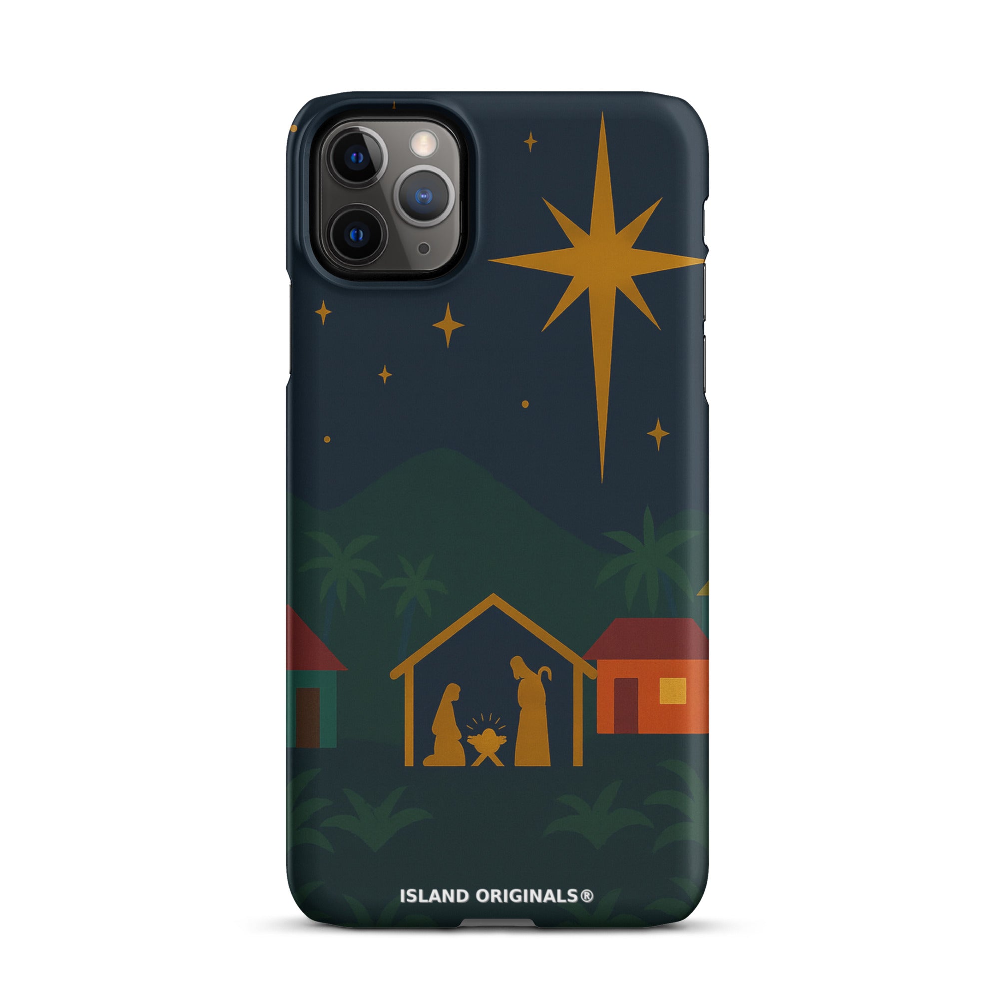 Phone case with nativity scene design on a dark blue background