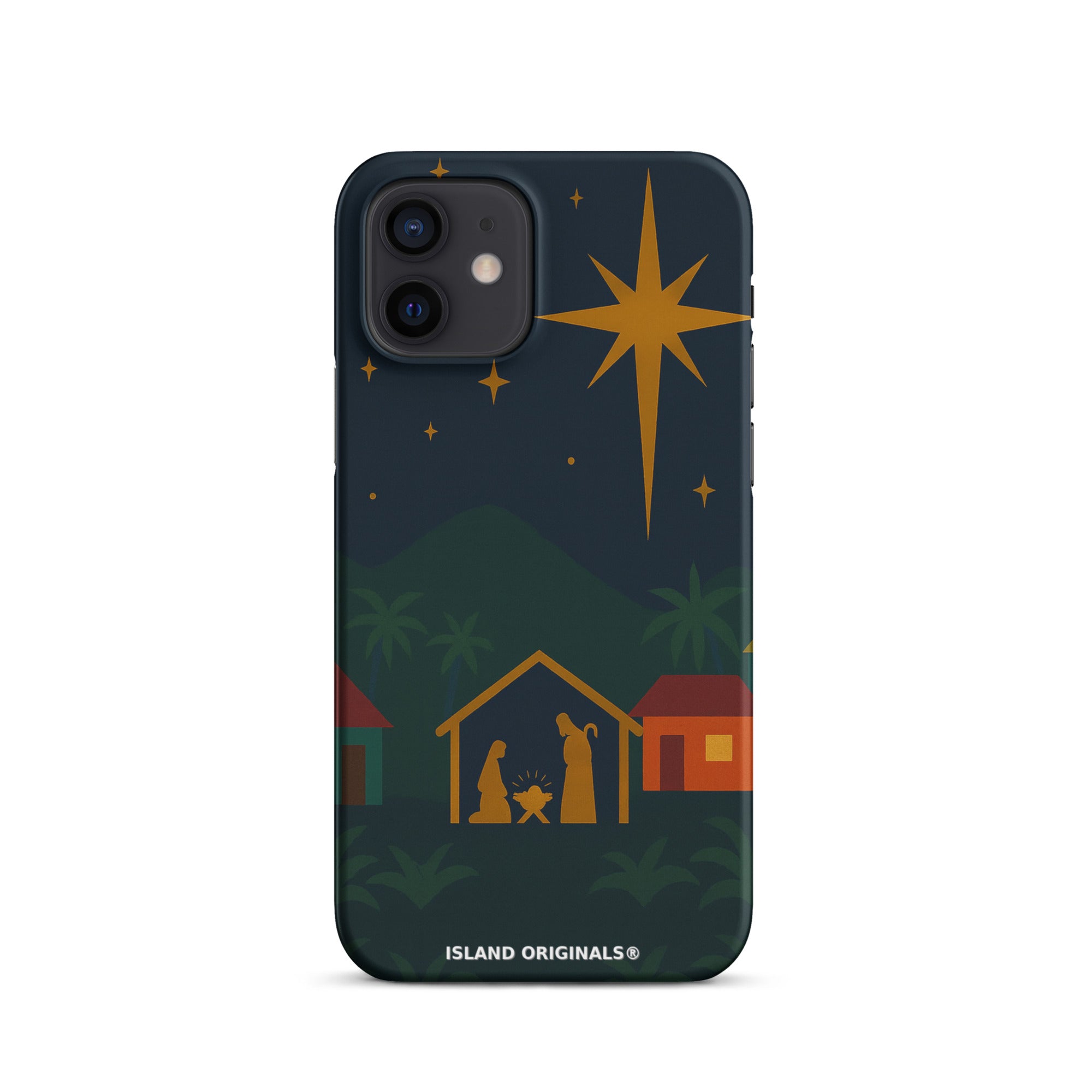 Phone case with nativity scene design on a dark blue background