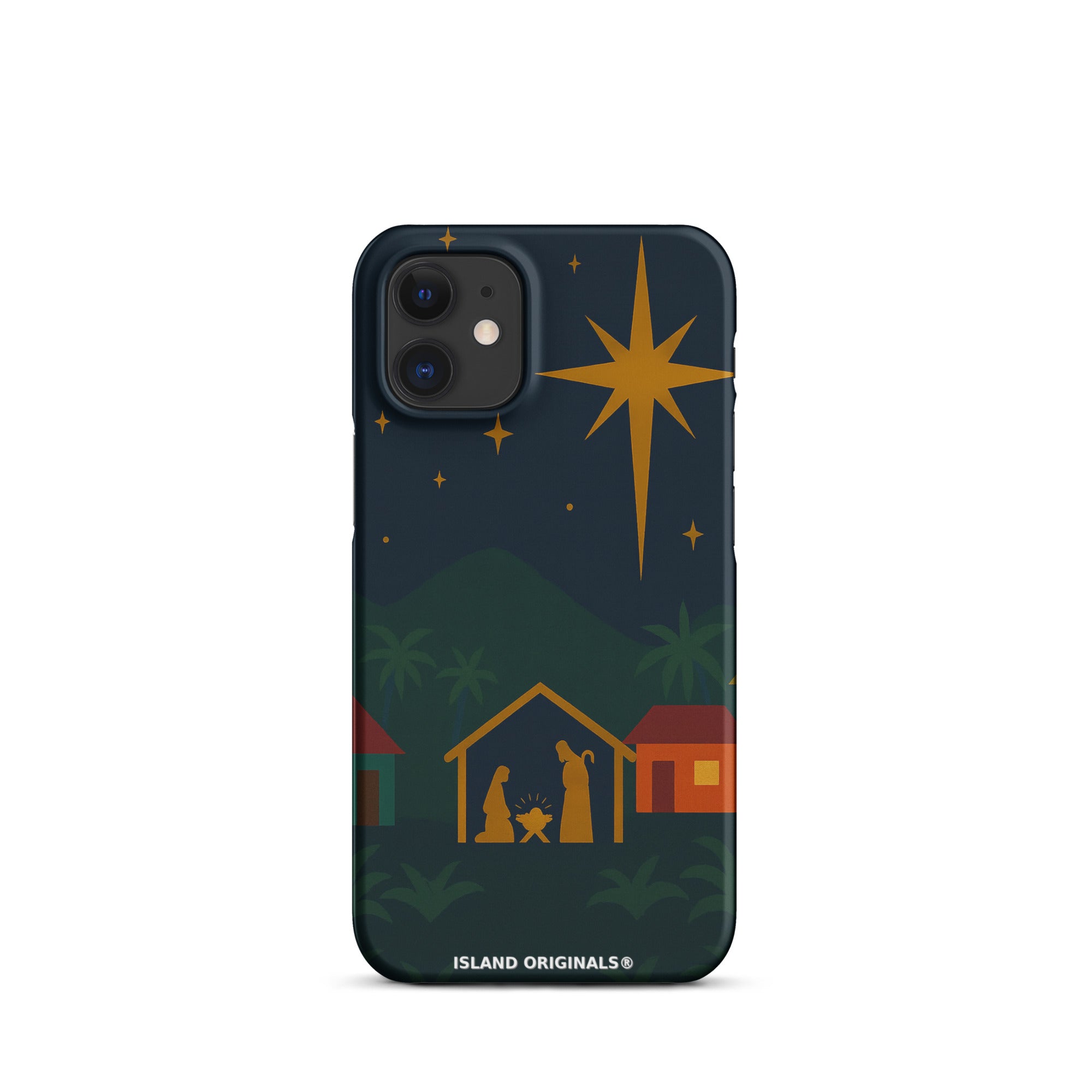 Phone case with nativity scene design on a dark blue background