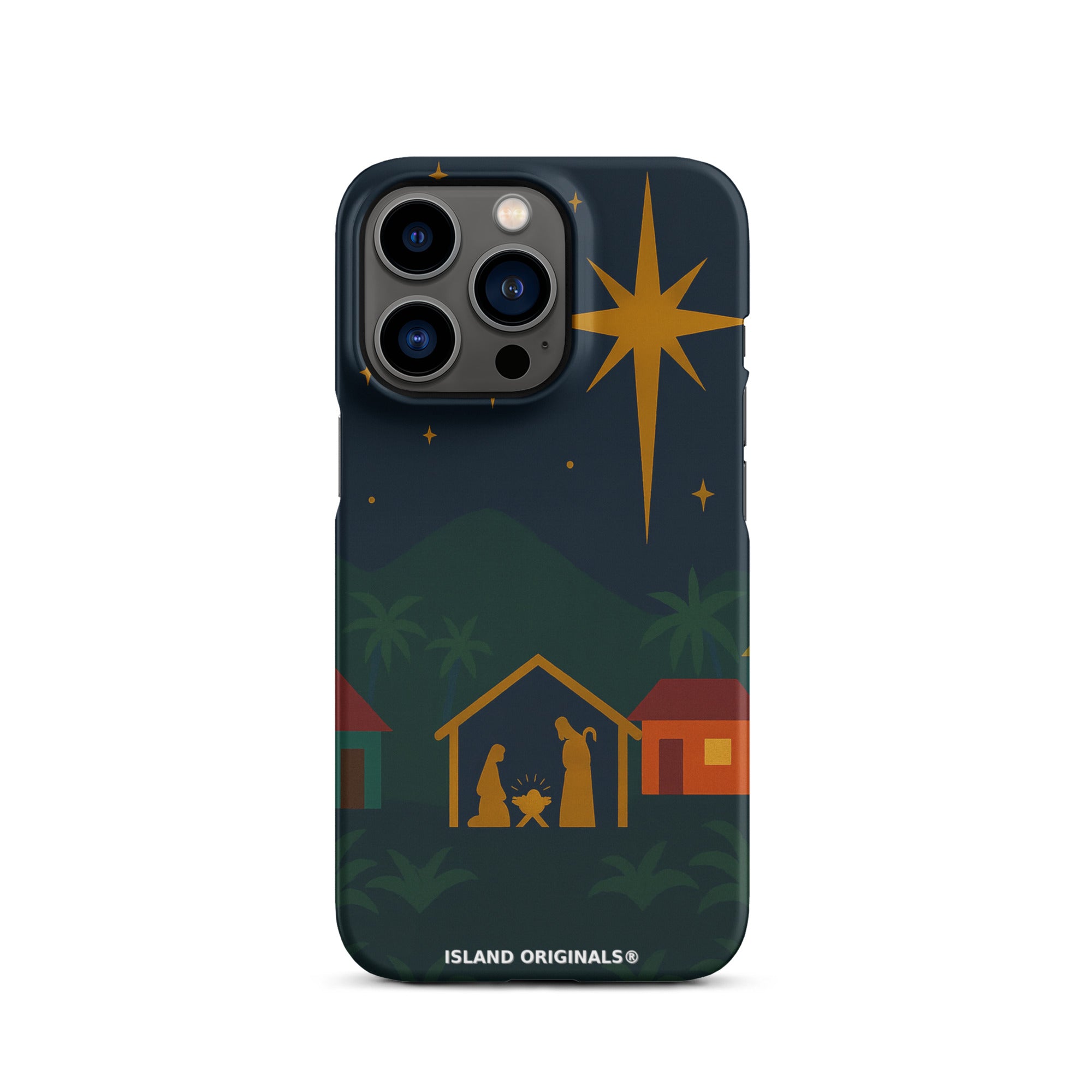 Phone case with nativity scene design on a dark blue background