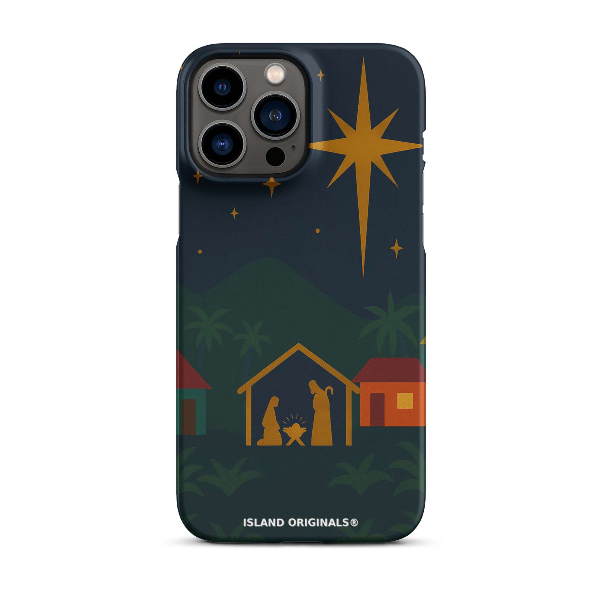 Phone case with nativity scene design on a dark background