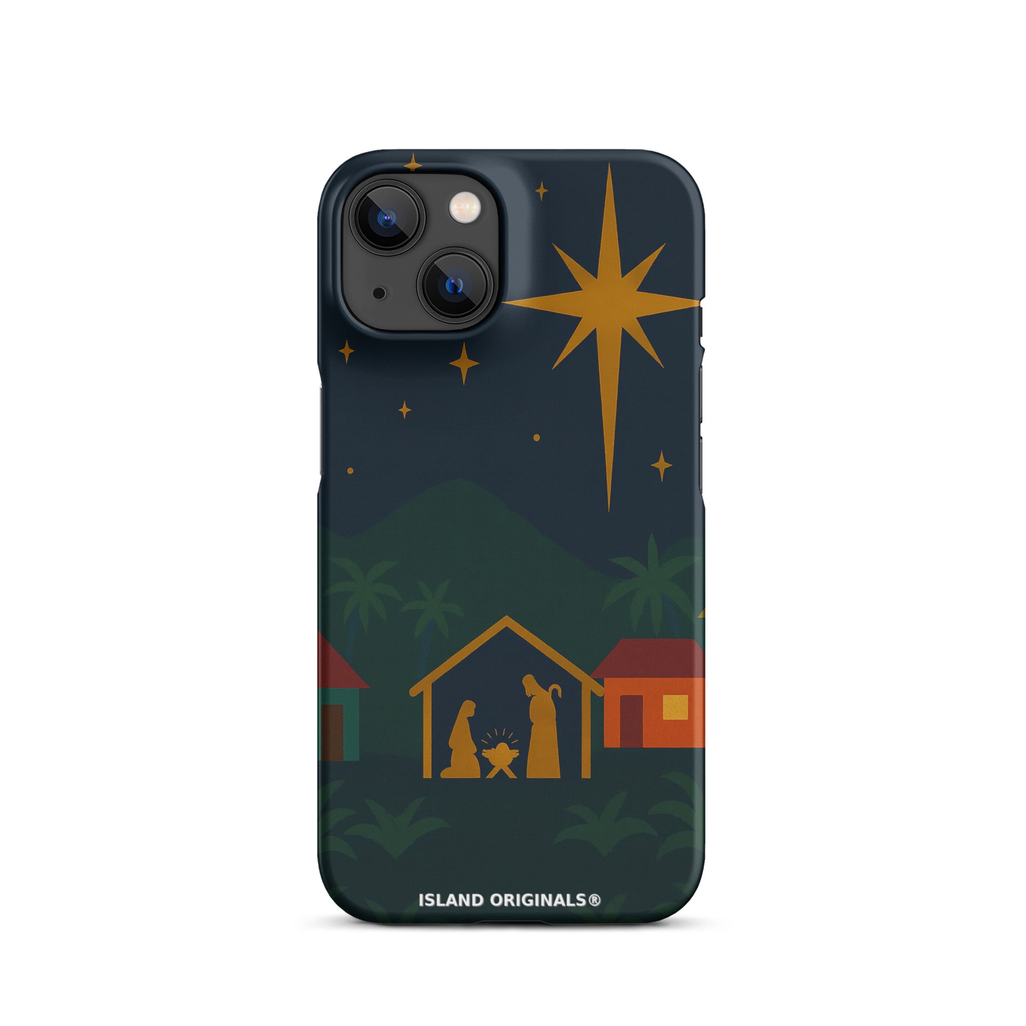 Phone case with nativity scene design on a dark blue background