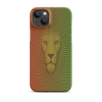 Phone case with a lion design in red, yellow, and green on a white background