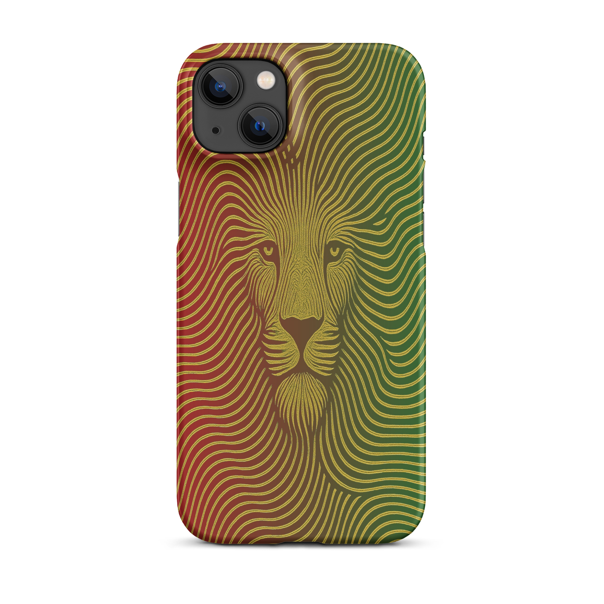 Phone case with a lion design in red, yellow, and green on a white background