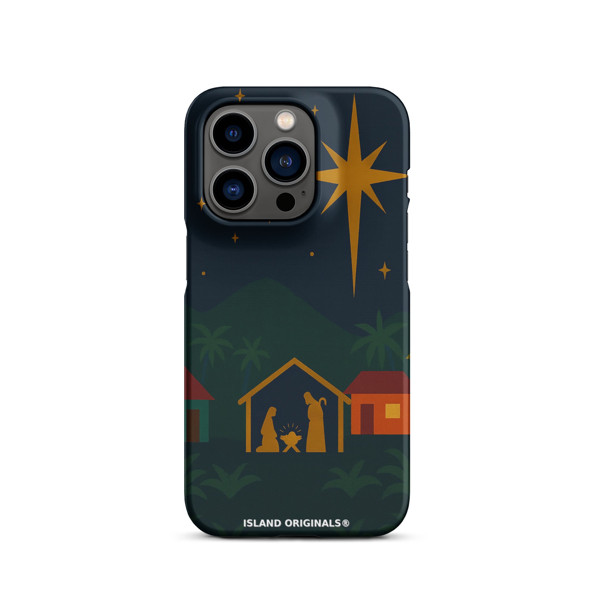 Phone case with nativity scene design on a dark background