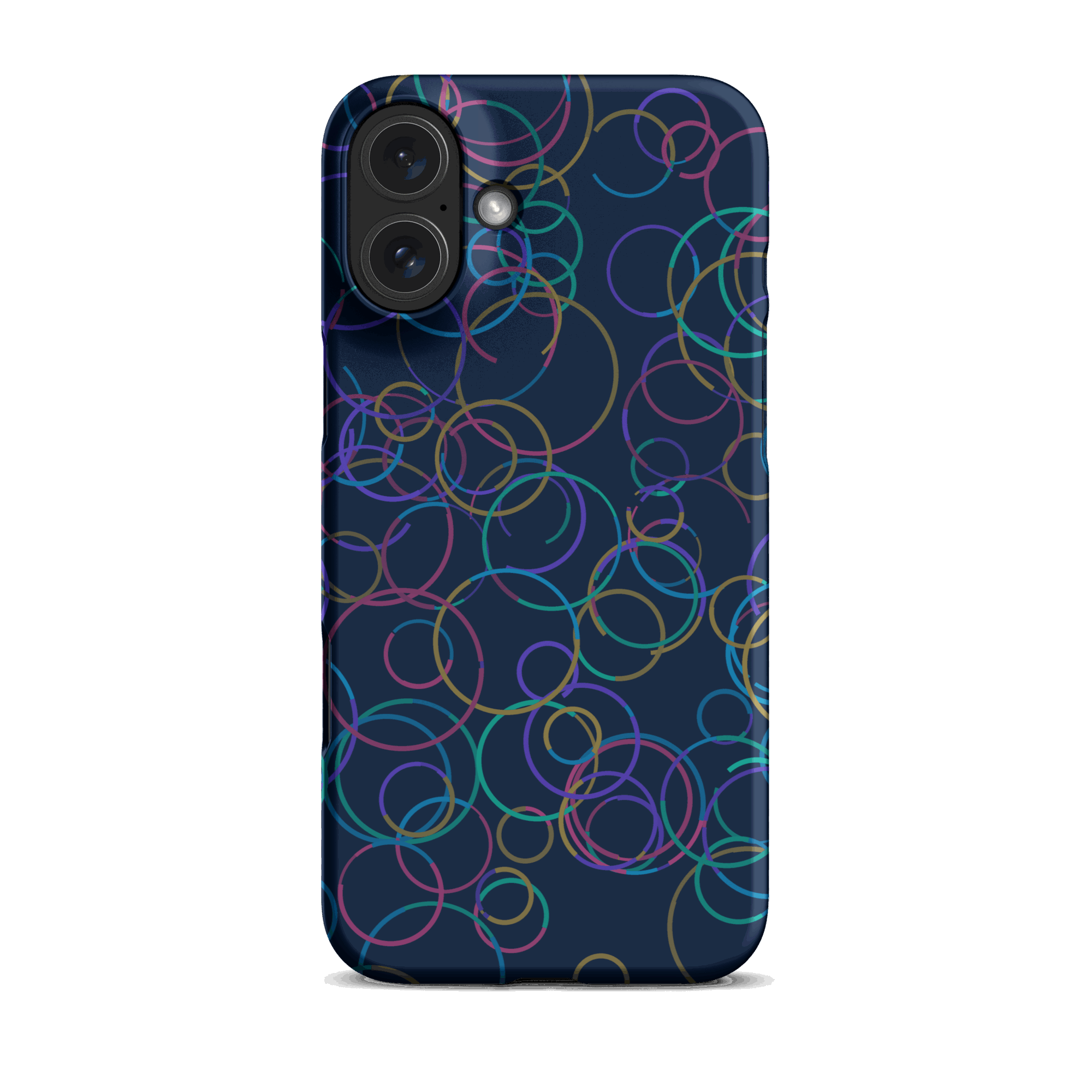Phone case with colorful circular pattern on a dark blue background