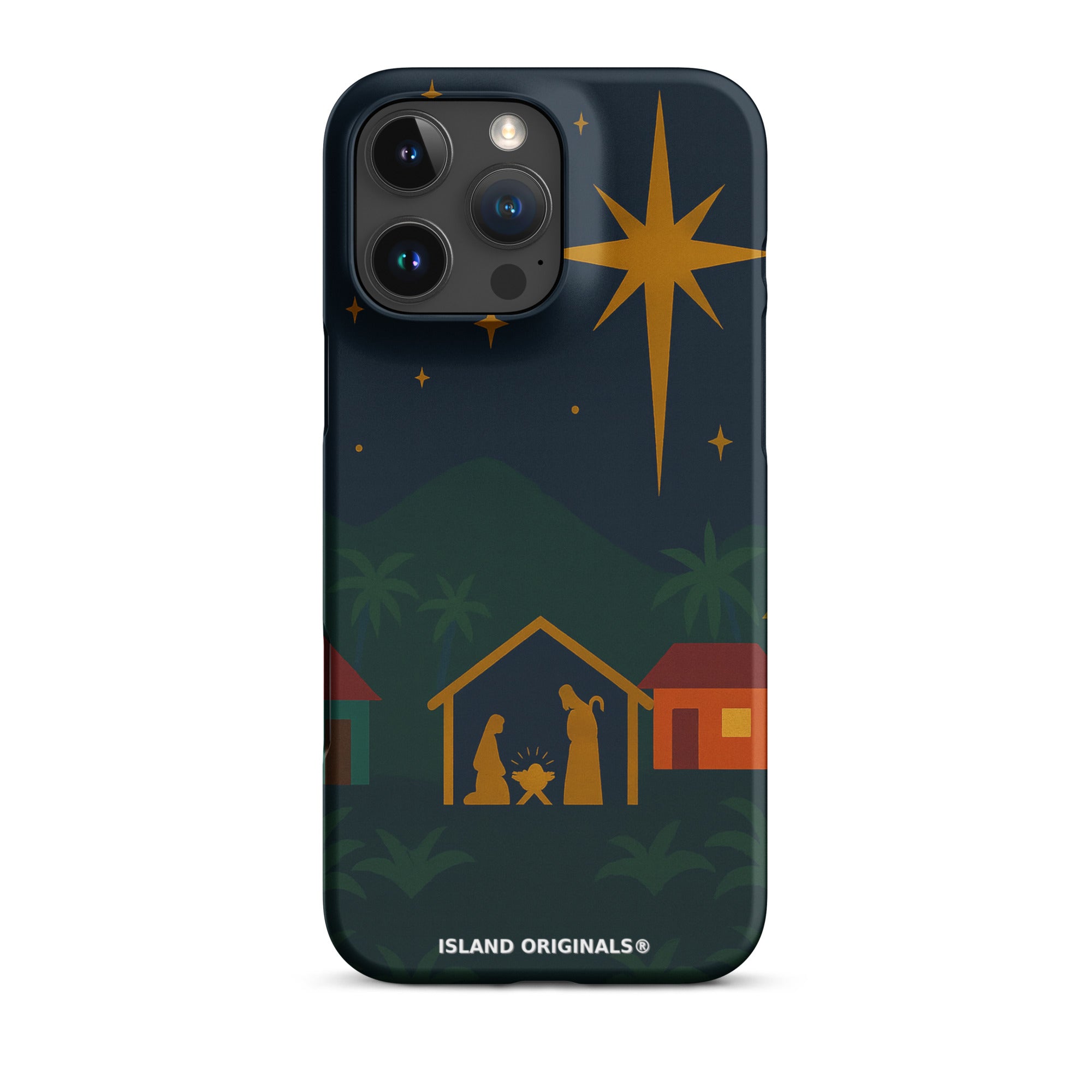 Phone case with nativity scene design on a dark blue background