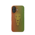 Phone case with a lion design in red, yellow, and green on a white background