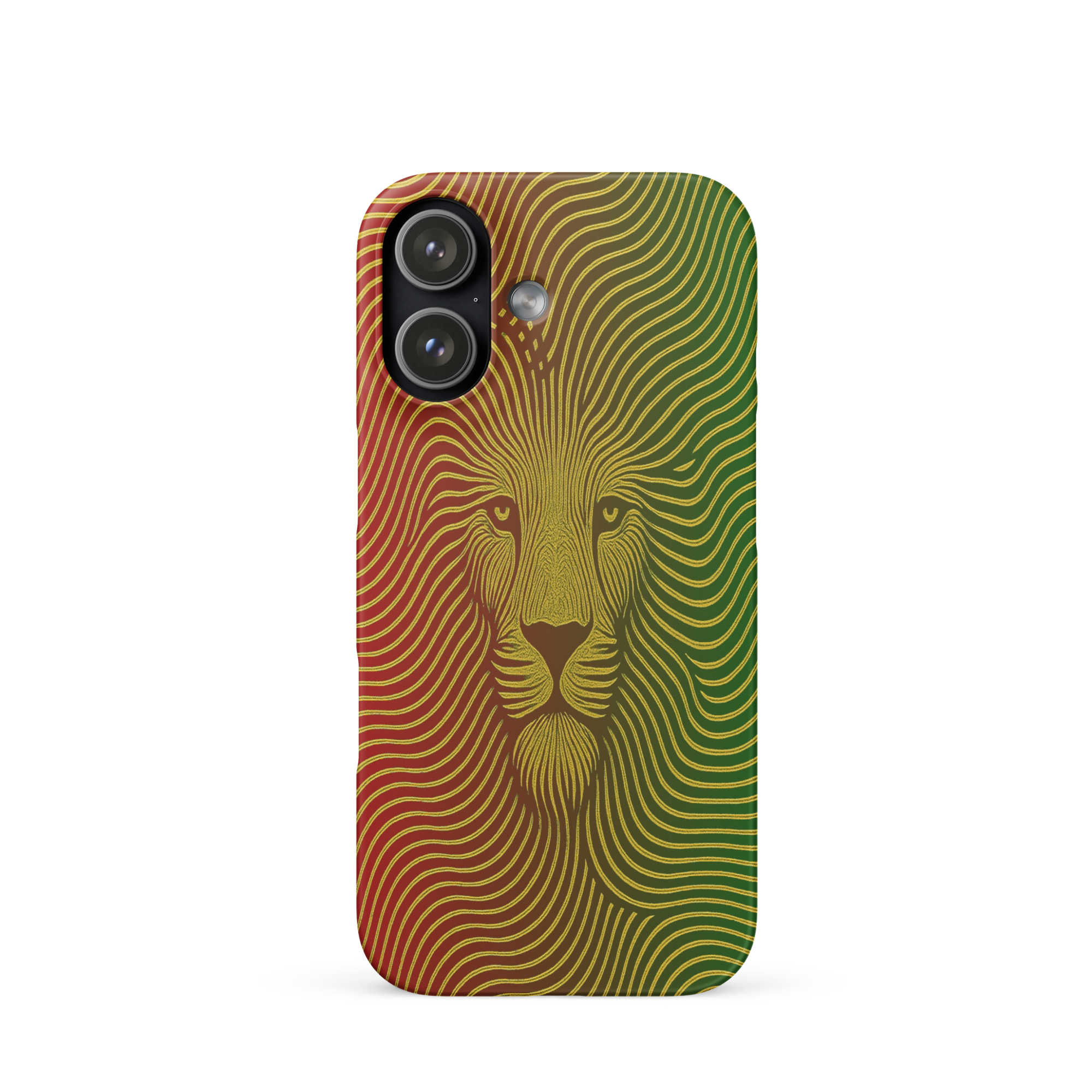 Phone case with a lion design in red, yellow, and green on a white background