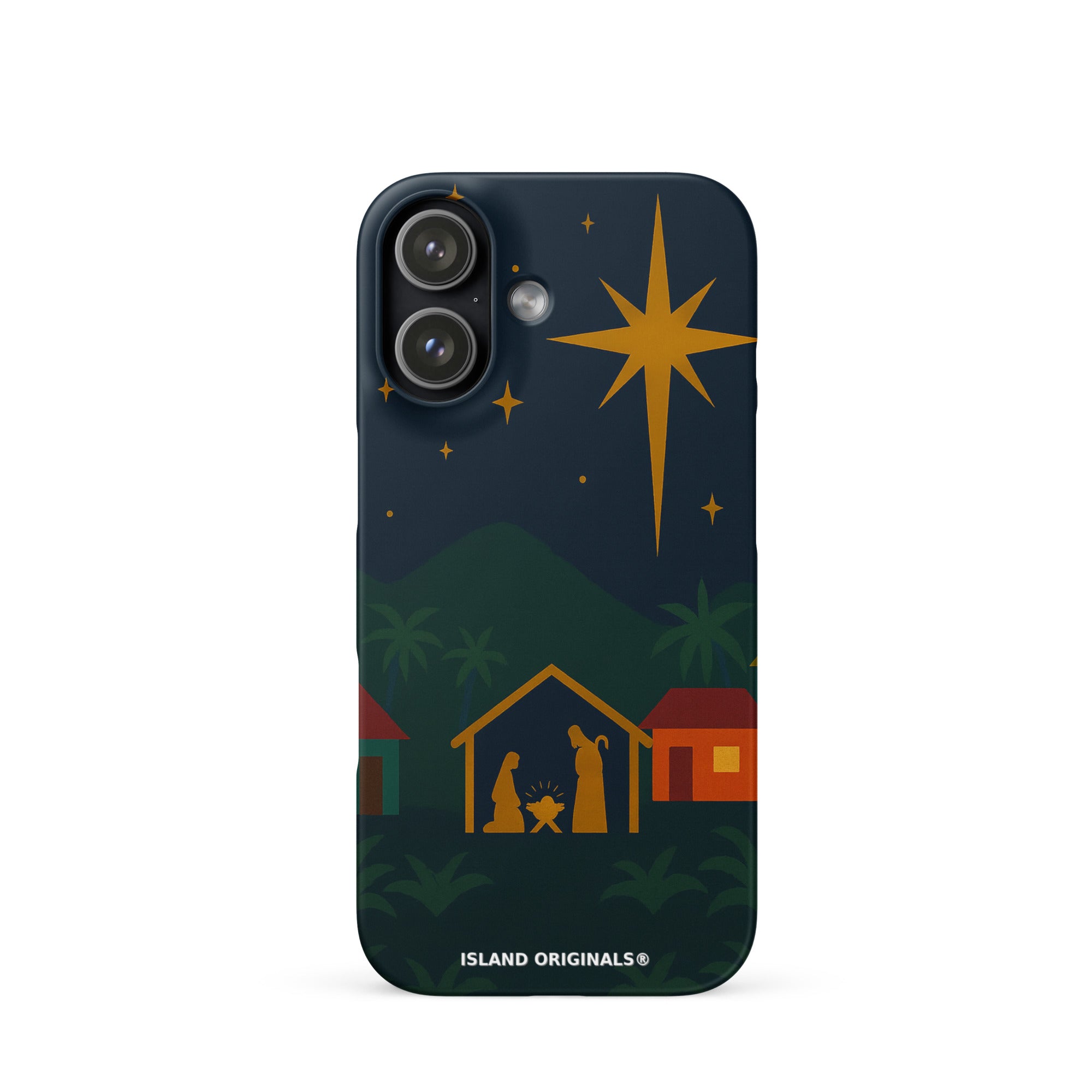 Phone case with nativity scene design on a dark blue background