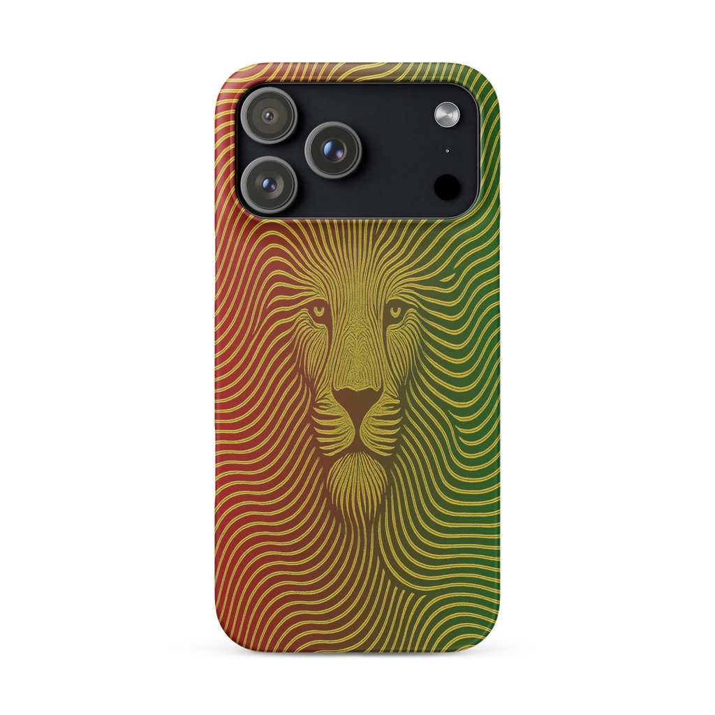 Phone case with a lion design in red and green on a white background