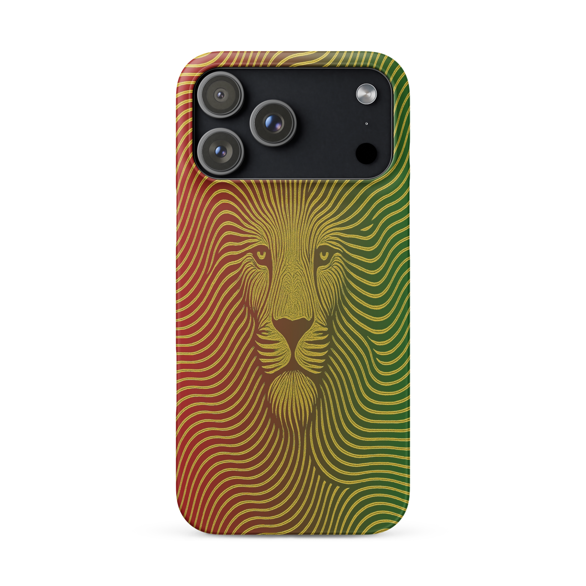 Phone case with a lion design in red and green on a white background