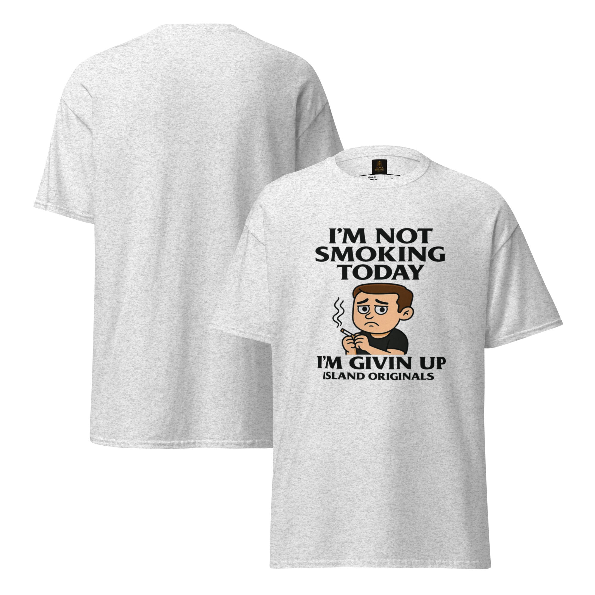 White t-shirt with graphic design and text on a white background