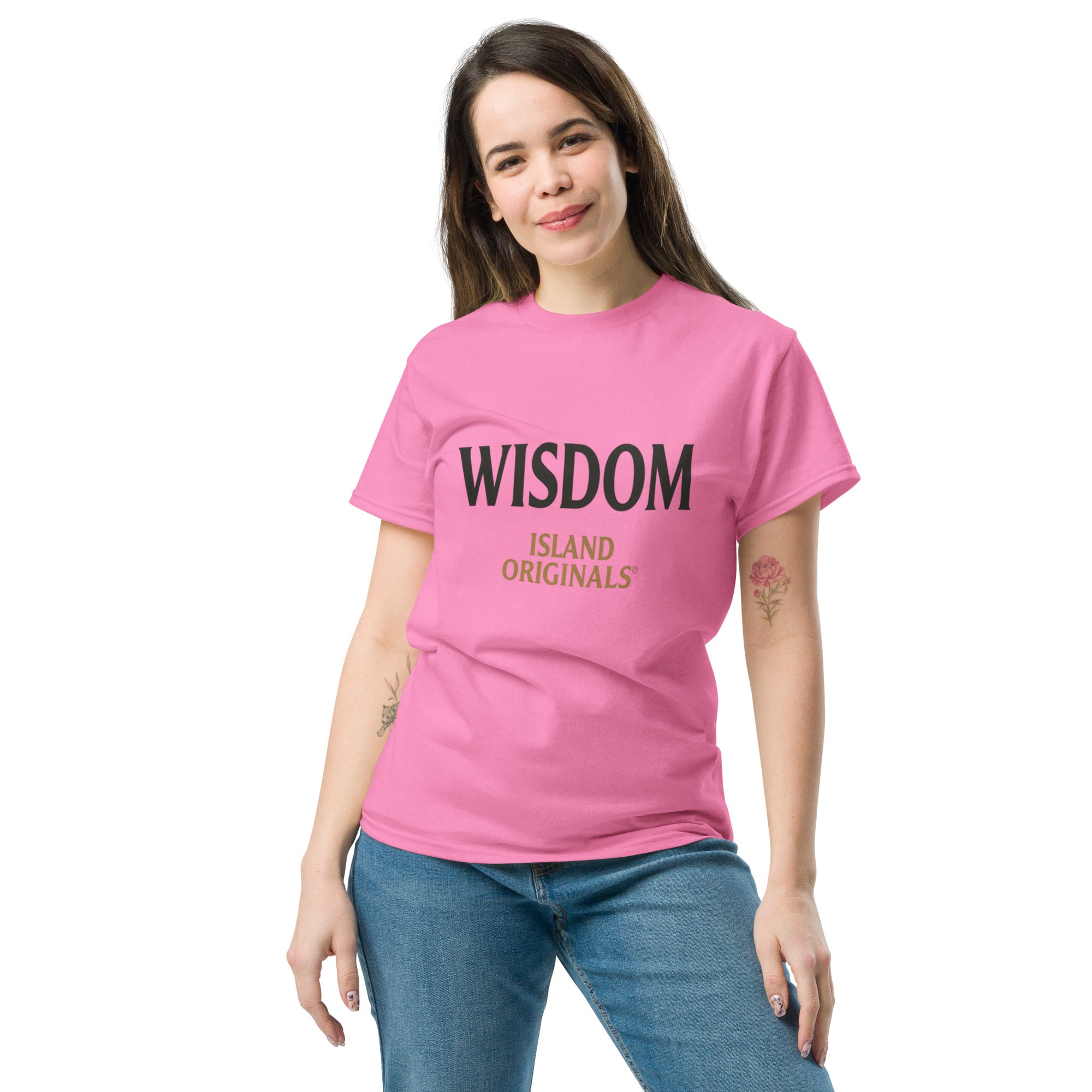 Person wearing a pink t-shirt with 'WISDOM ISLAND ORIGINALS' text on a white background