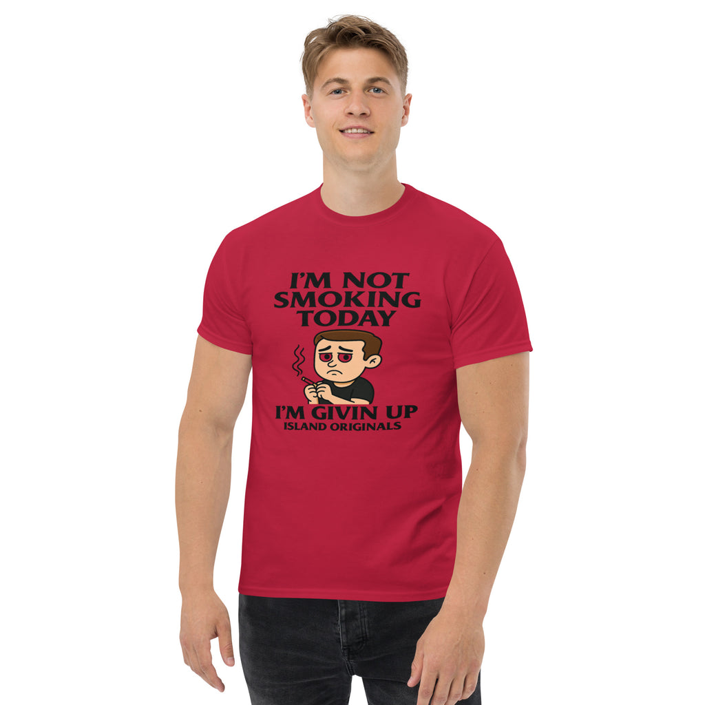 Person wearing a red t-shirt with a humorous graphic and text on a white background