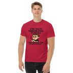 Person wearing a red t-shirt with a humorous graphic and text on a white background