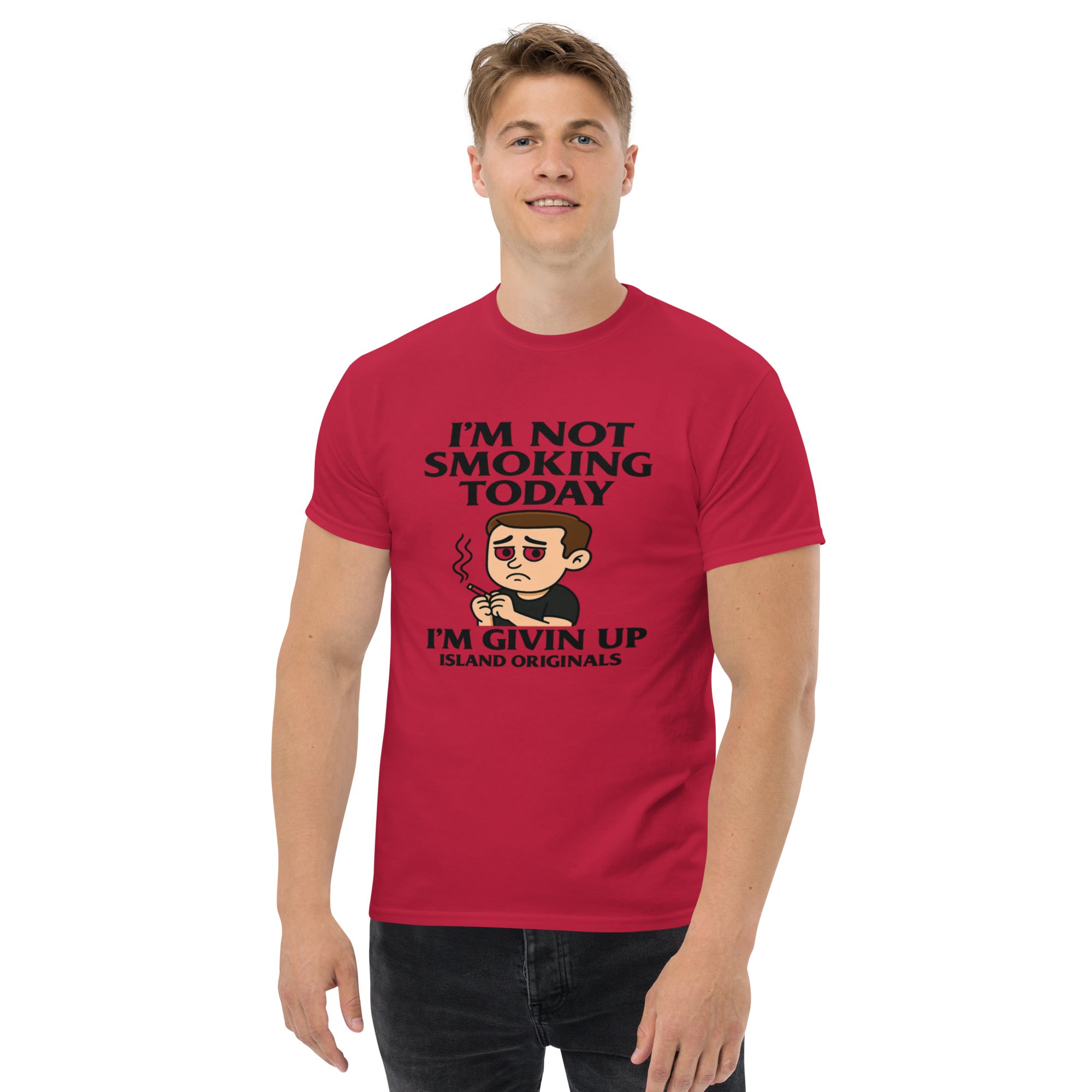 Person wearing a red t-shirt with a humorous graphic and text on a white background