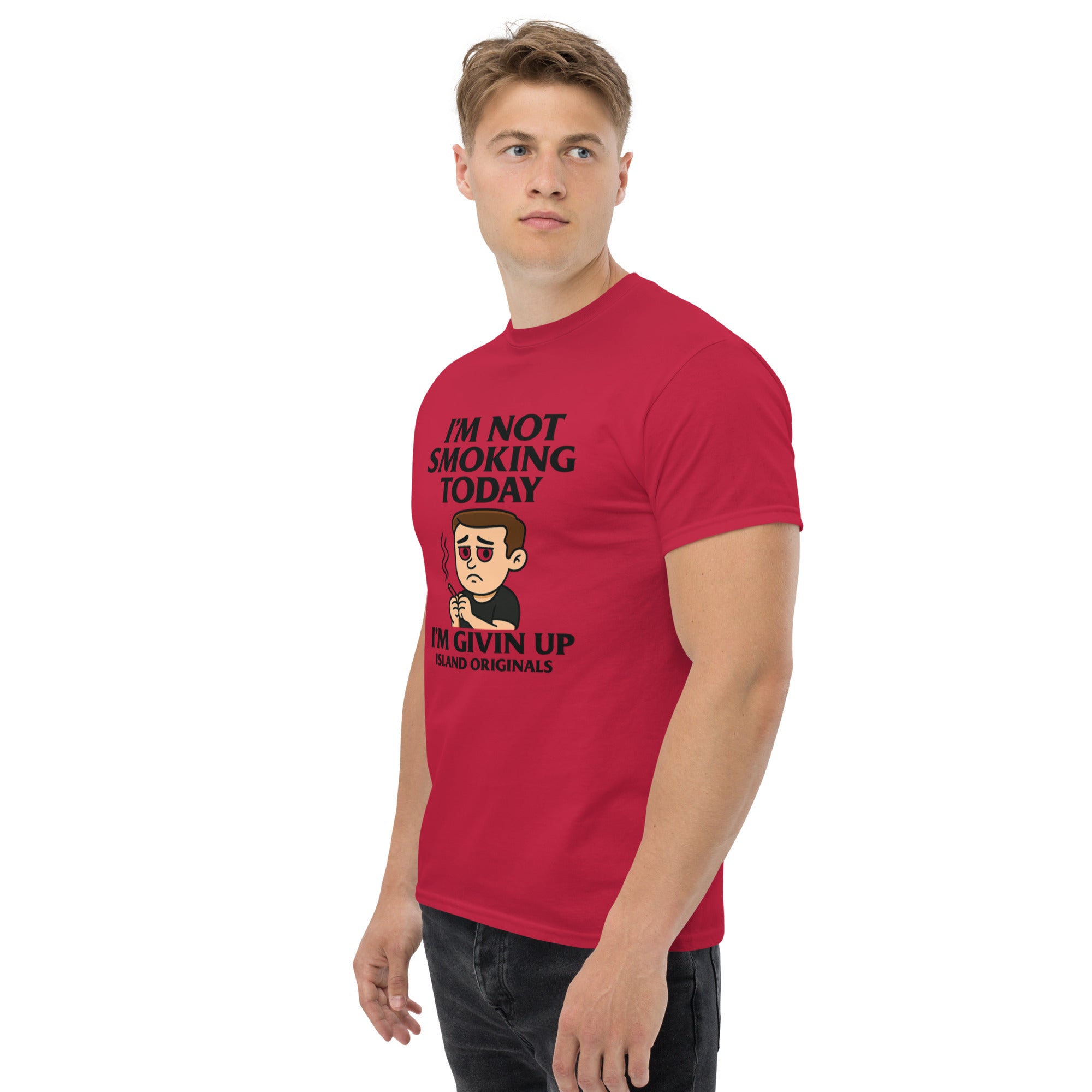 Man wearing a red t-shirt with a graphic and text on a white background