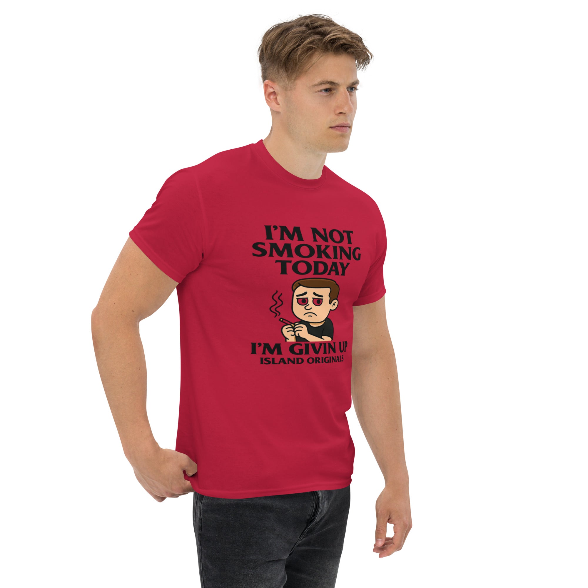 Man wearing a red t-shirt with a humorous graphic and text on a white background