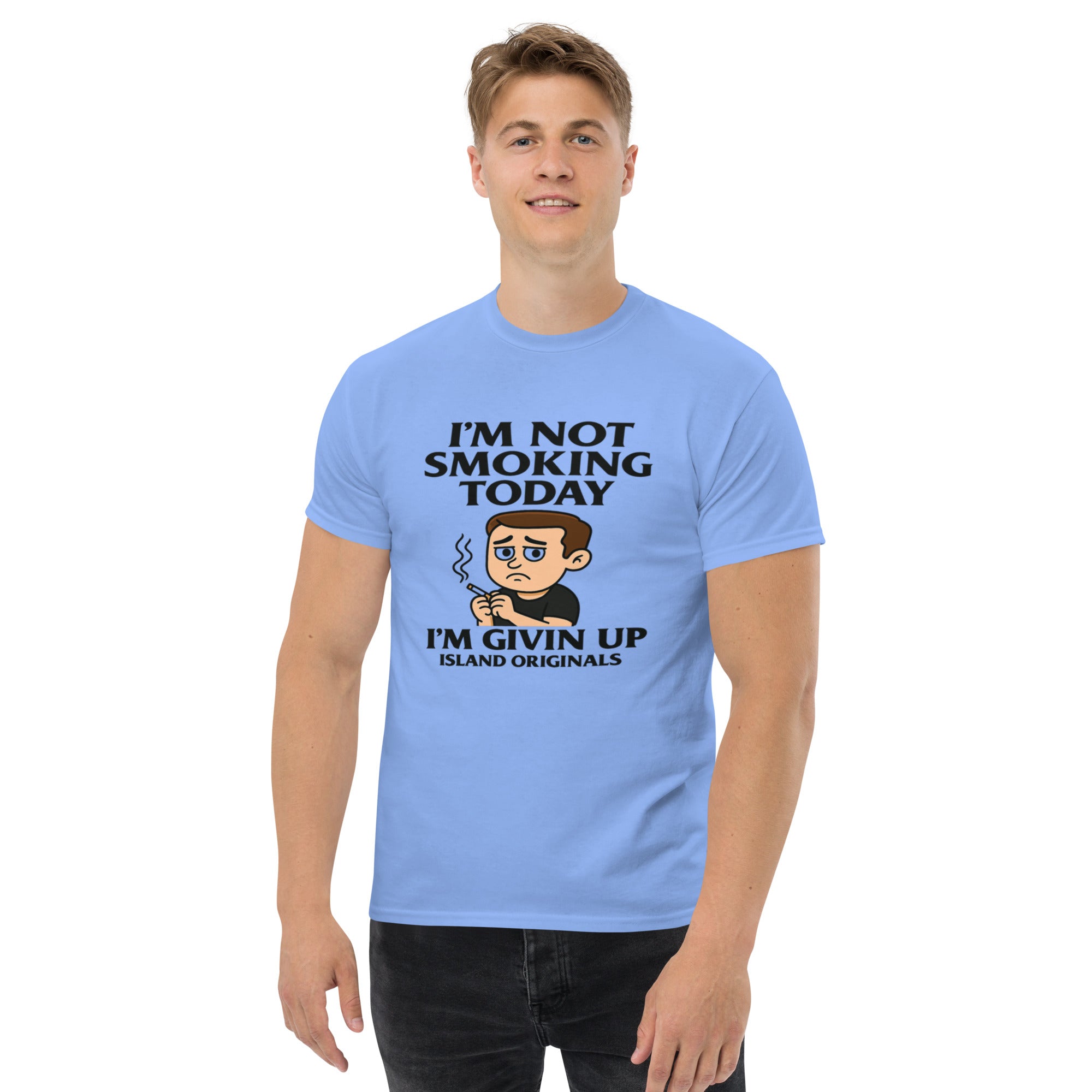 Person wearing a light blue t-shirt with humorous text and graphic design.