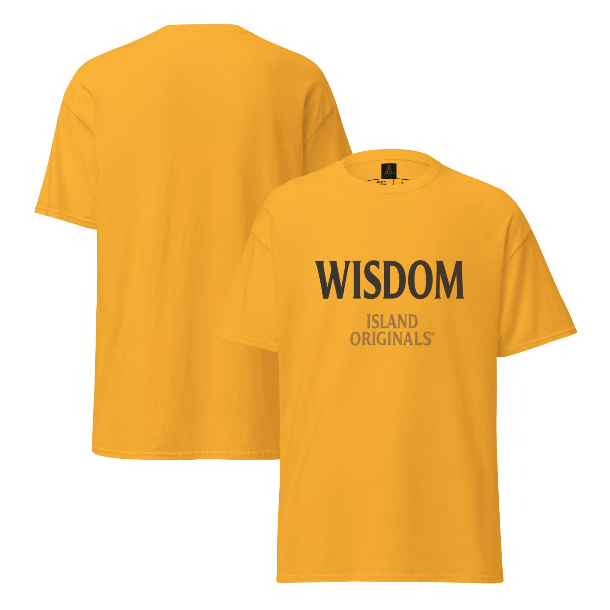 Yellow t-shirt with 'Wisdom Island Originals' text on a white background