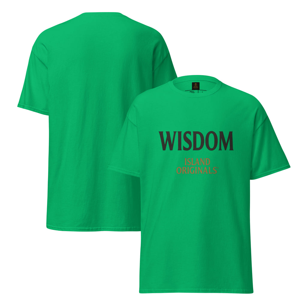 Green t-shirt with 'Wisdom Island Originals' text on a white background
