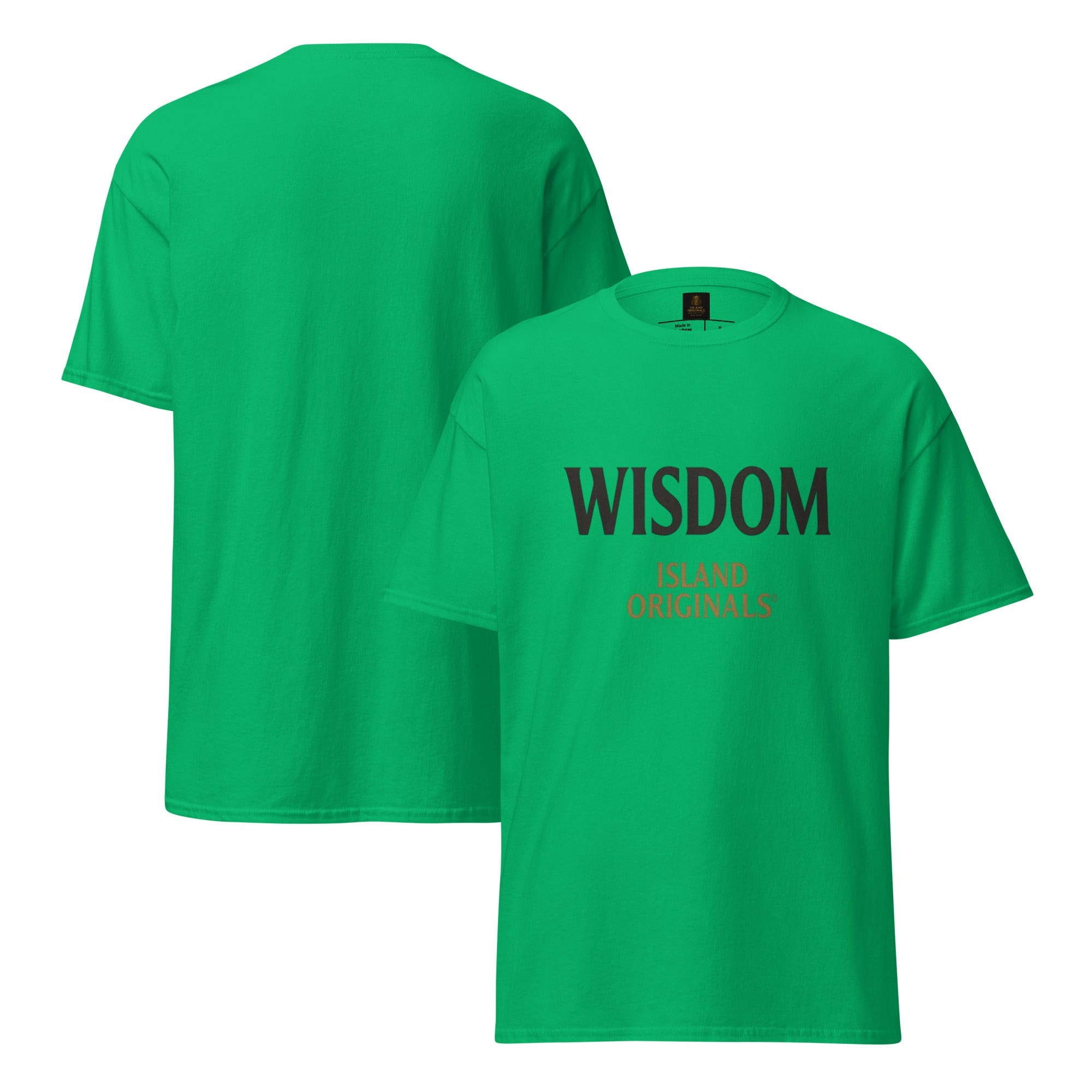 Green t-shirt with 'Wisdom Island Originals' text on a white background