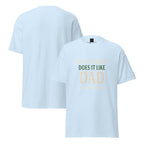 Light blue t-shirt with text 'NO LONGER DOES IT LIKE DAD' on a white background