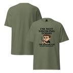 Green t-shirt with a graphic and text 'I'm not smoking today, I'm giving up' on a white background