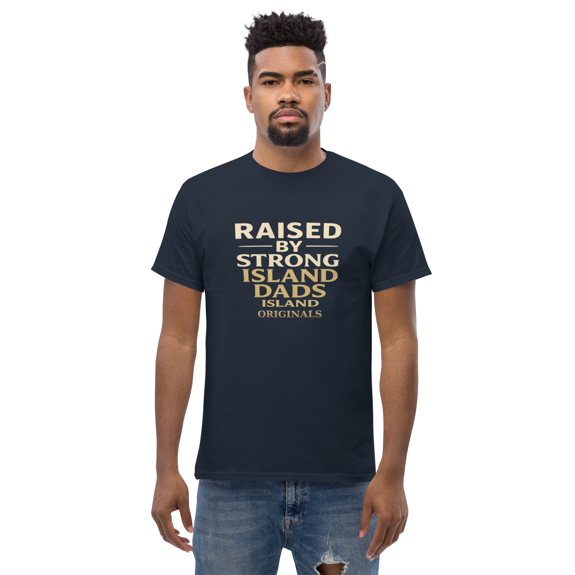 Man wearing a navy blue t-shirt with text on a white background