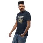 Man wearing a black t-shirt with text on a white background