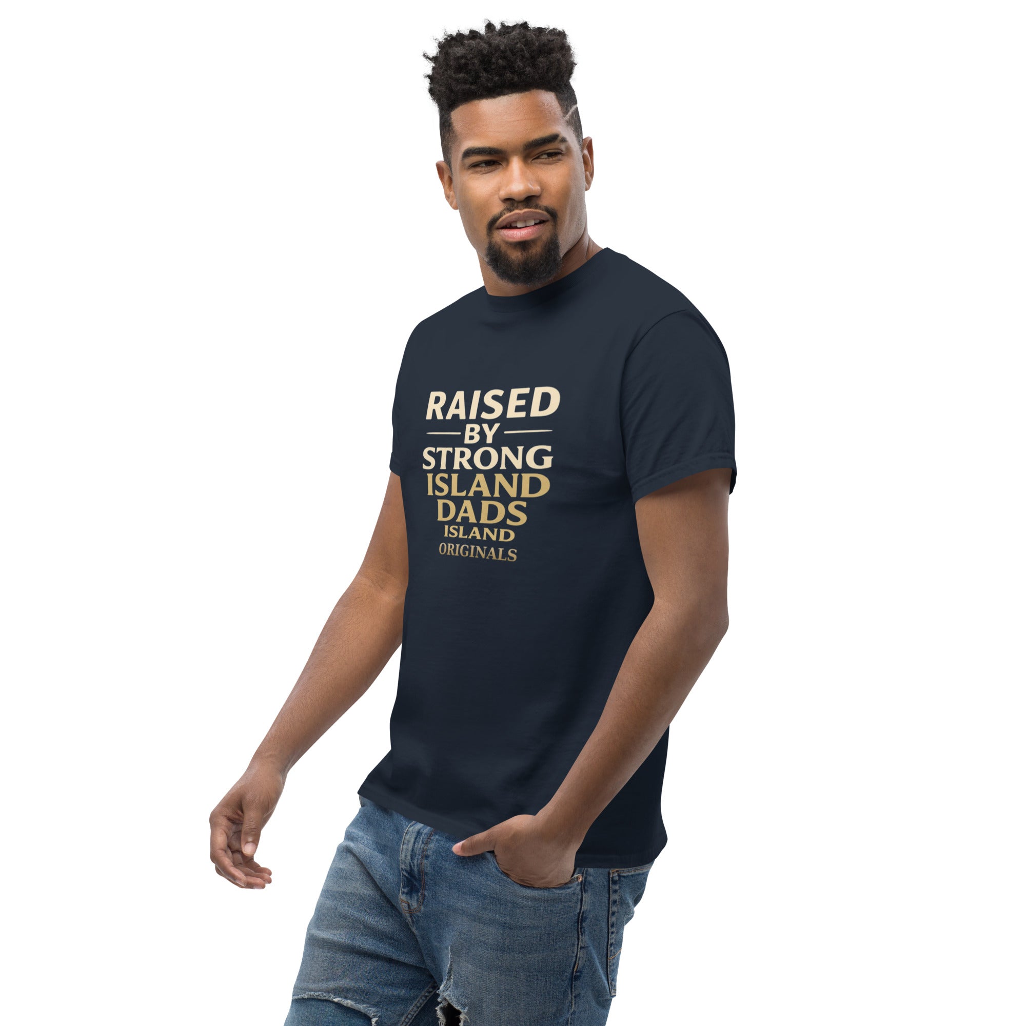 Man wearing a black t-shirt with text on a white background