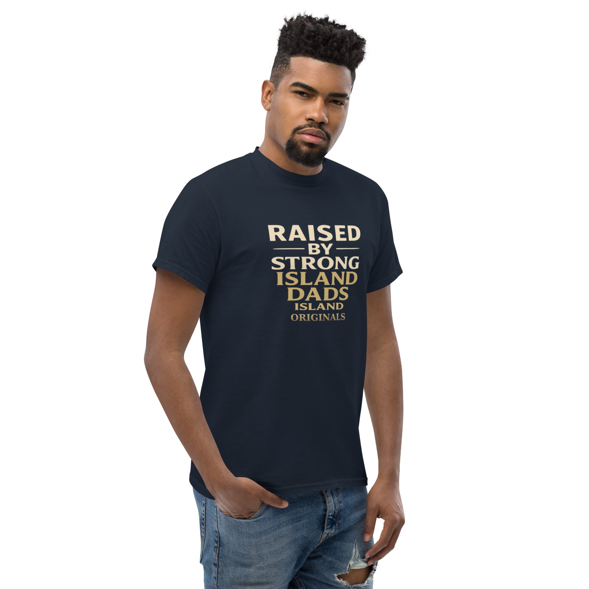 Man wearing a navy blue t-shirt with text standing against a white background