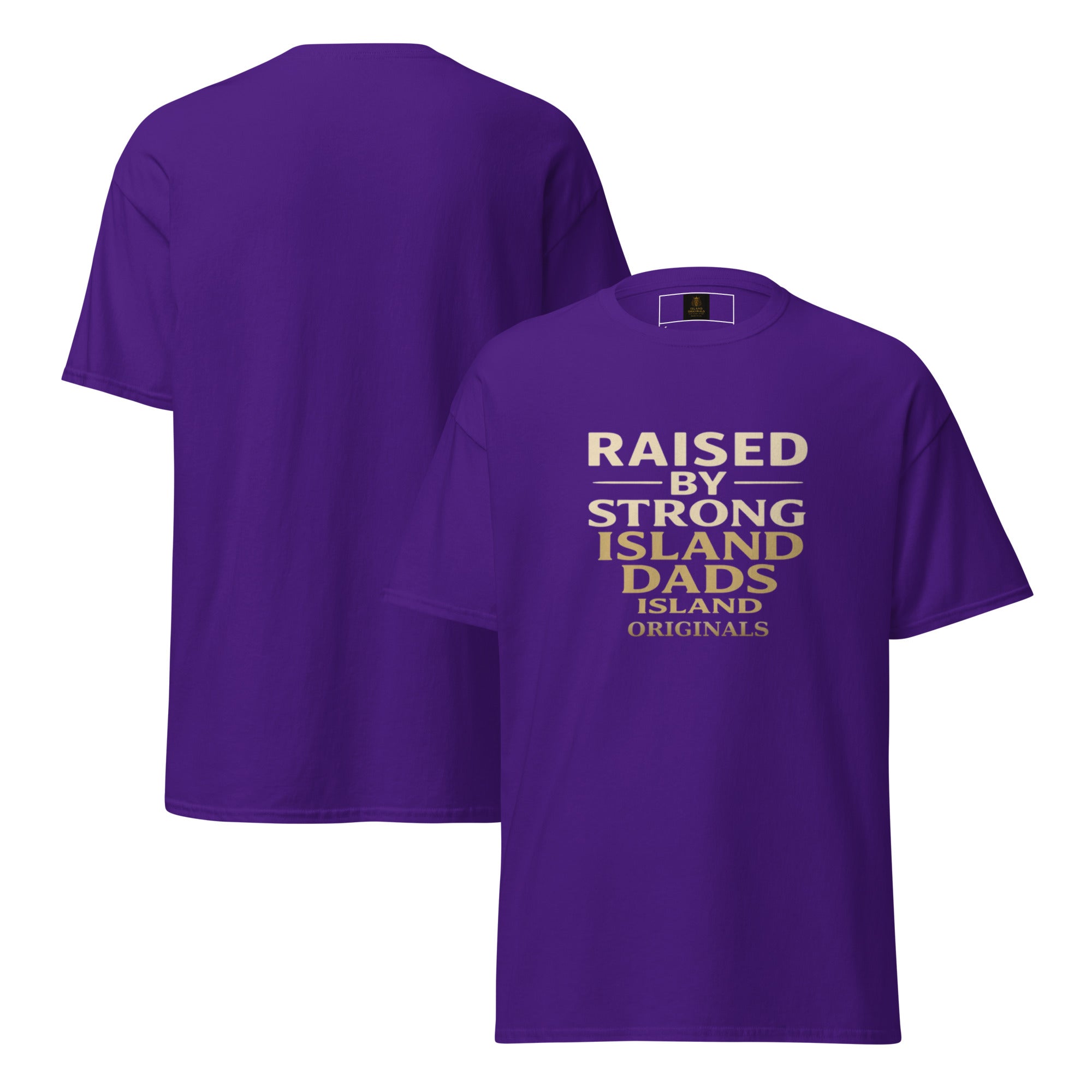 Purple t-shirt with text 'Raised by Strong Island Dads' on a white background
