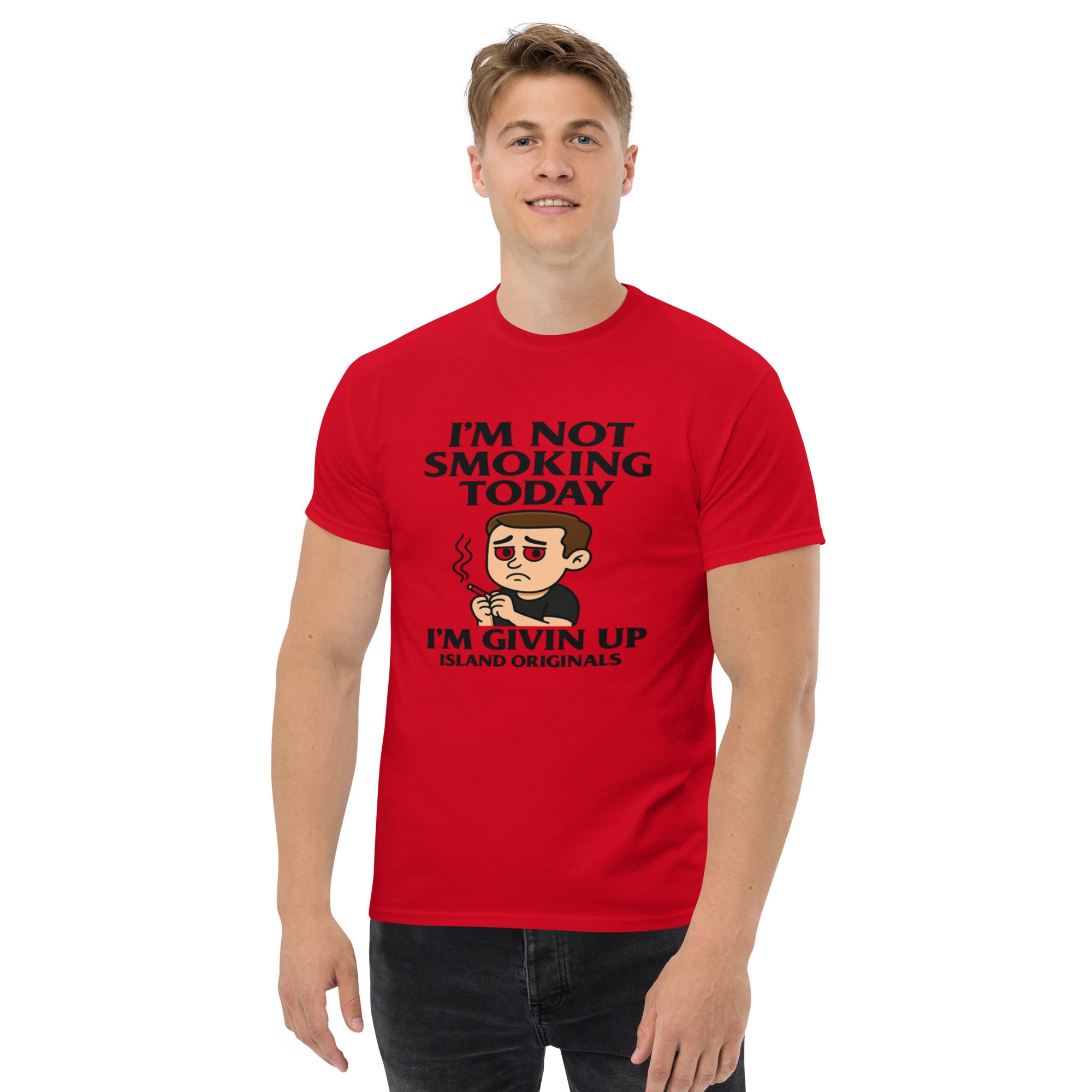 Person wearing a red t-shirt with a humorous graphic and text on a white background