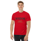 Man wearing a red t-shirt with 'WISDOM ISLAND ORIGINALS' text on a white background