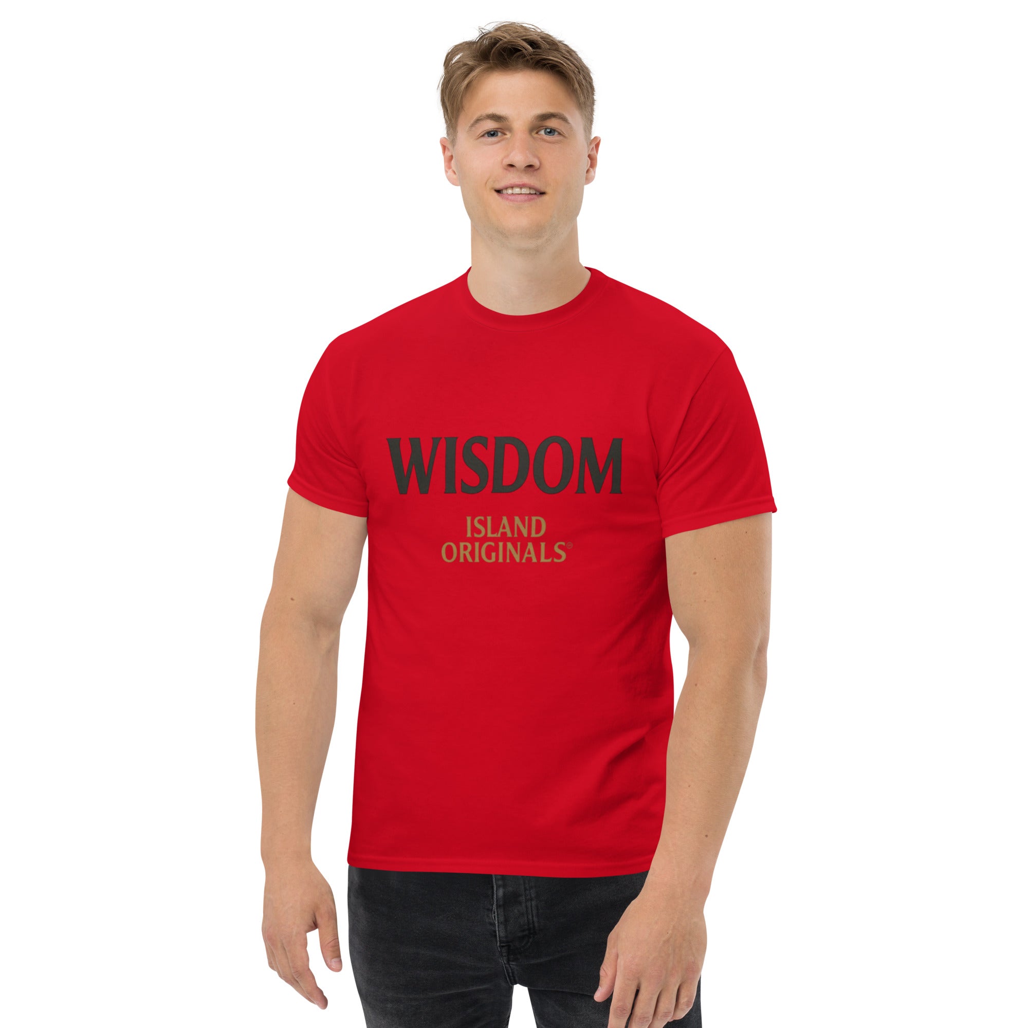 Man wearing a red t-shirt with 'WISDOM ISLAND ORIGINALS' text on a white background