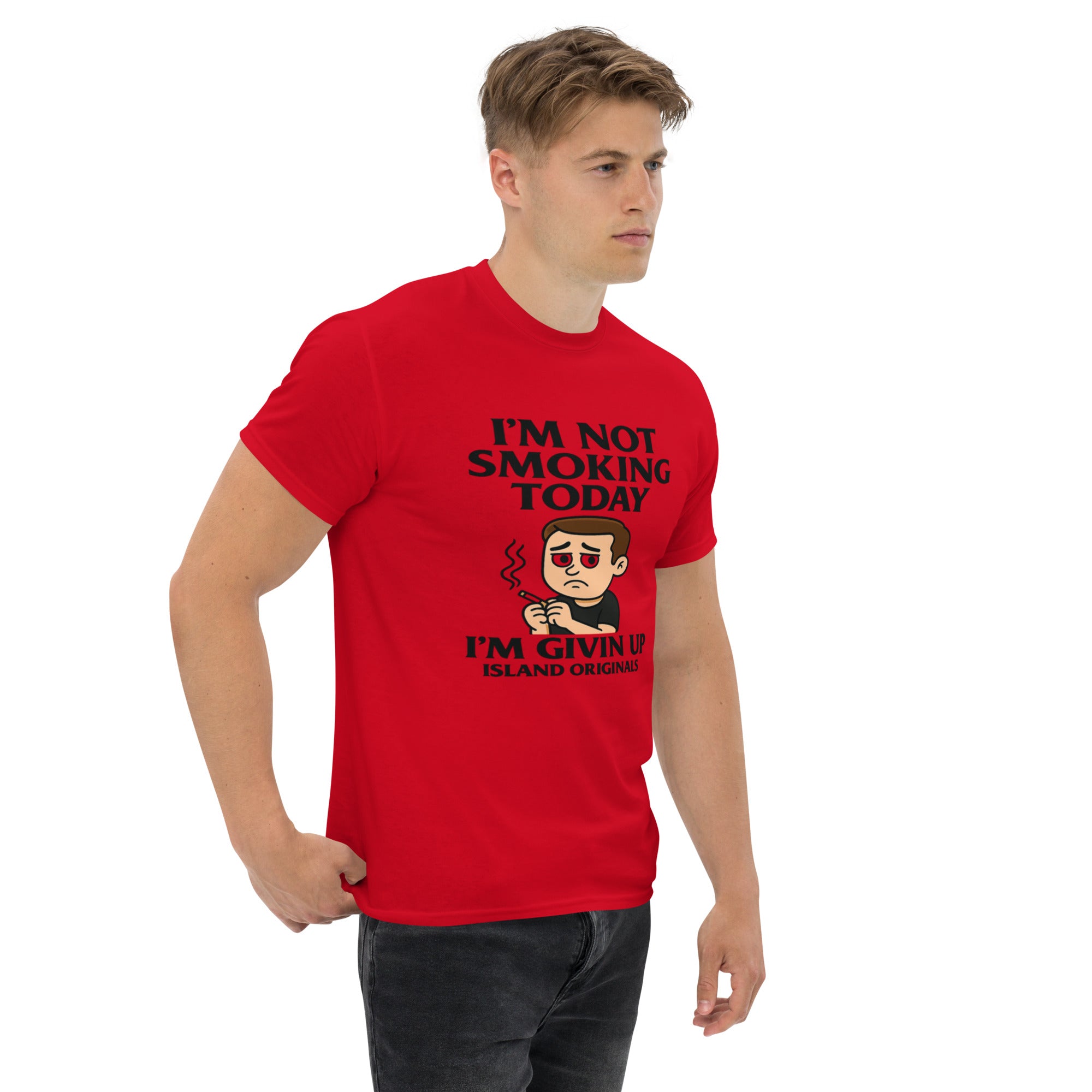 Man wearing a red t-shirt with a humorous graphic and text on a white background