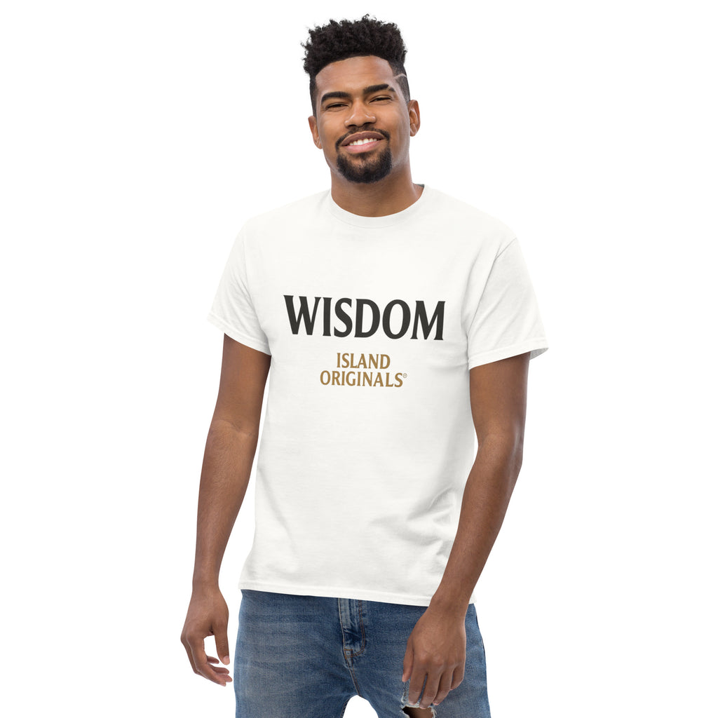 Man wearing a white t-shirt with 'WISDOM ISLAND ORIGINALS' text on a white background