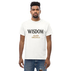 Man wearing a white t-shirt with 'Wisdom Island Originals' text on a white background