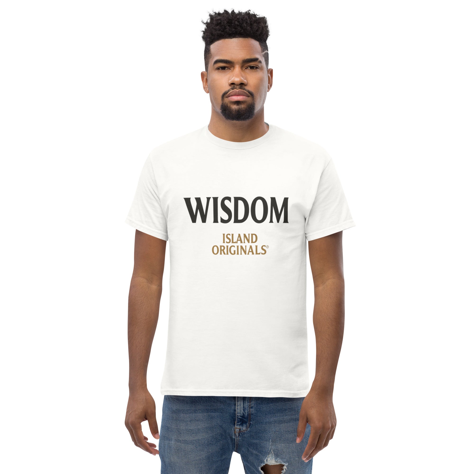 Man wearing a white t-shirt with 'Wisdom Island Originals' text on a white background