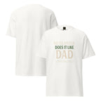 White t-shirt with gold text 'NO ISLANDER DOES IT LIKE DAD' on a white background