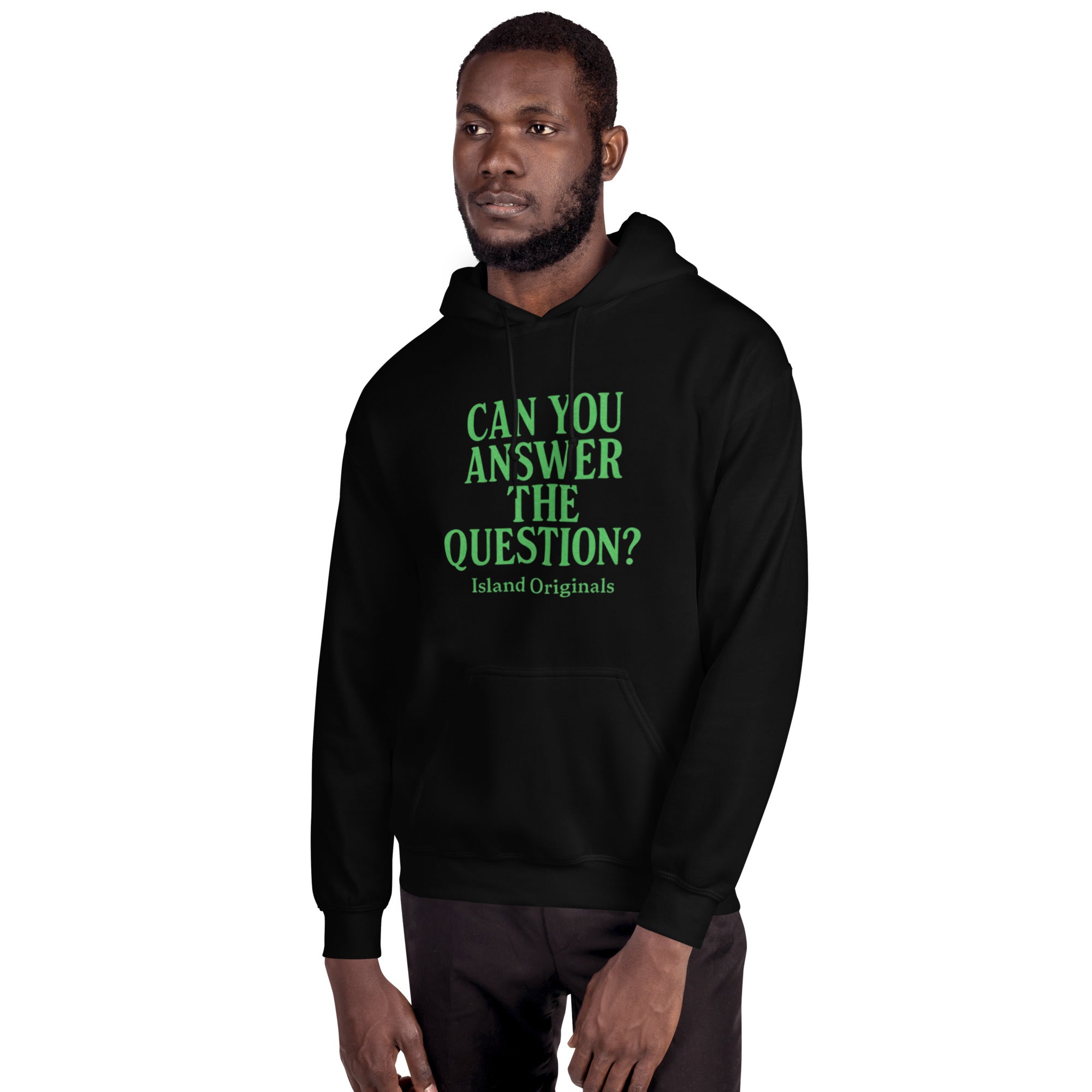 Man wearing a black hoodie with green text on a white background