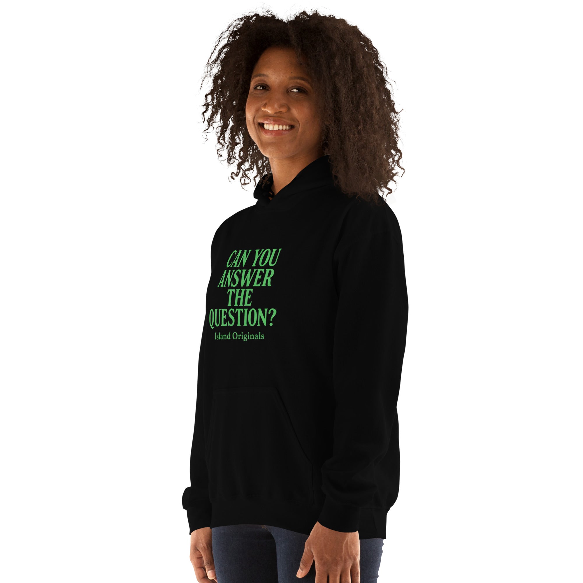 Person wearing a black hoodie with green text on a white background