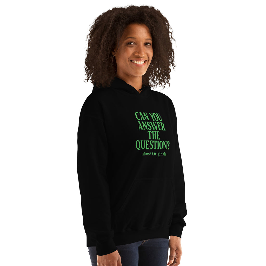 Person wearing a black hoodie with green text on a white background