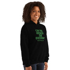 Person wearing a black hoodie with green text on a white background
