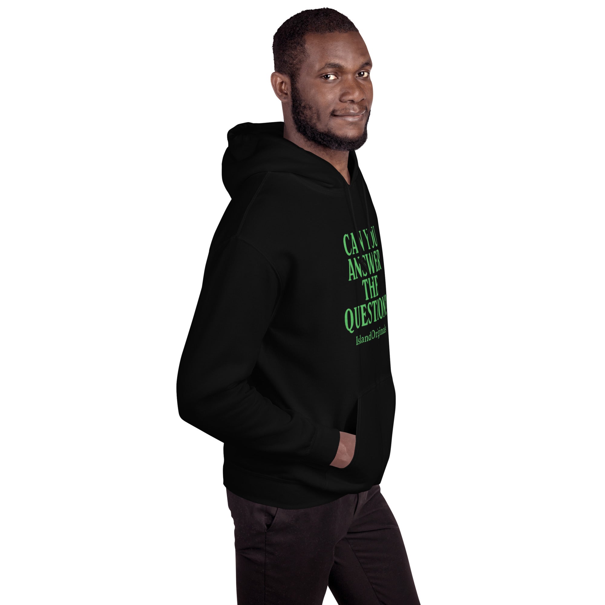 Man wearing a black hoodie with green text on a white background